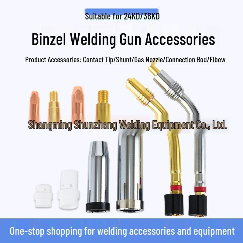 Аргонодуговая сварочная горелка Binzel Style 36KD: Полностью медный изогнутый наконечник, контактный наконечник, защитный стержень, разветвитель.