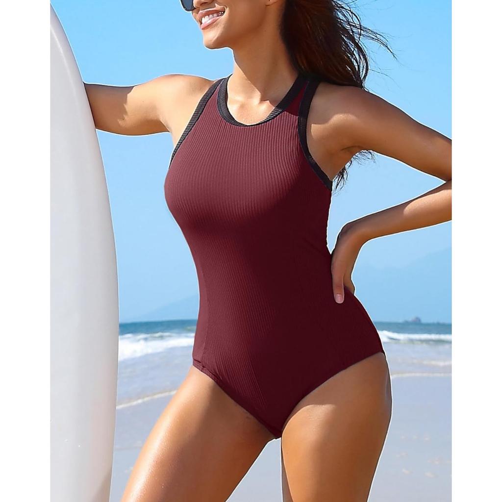 CHARMLEAKS Women One Piece Swimsuit Zipper Back Ribbed Swimwear Sporty Racerback High Neck Bathing Suit