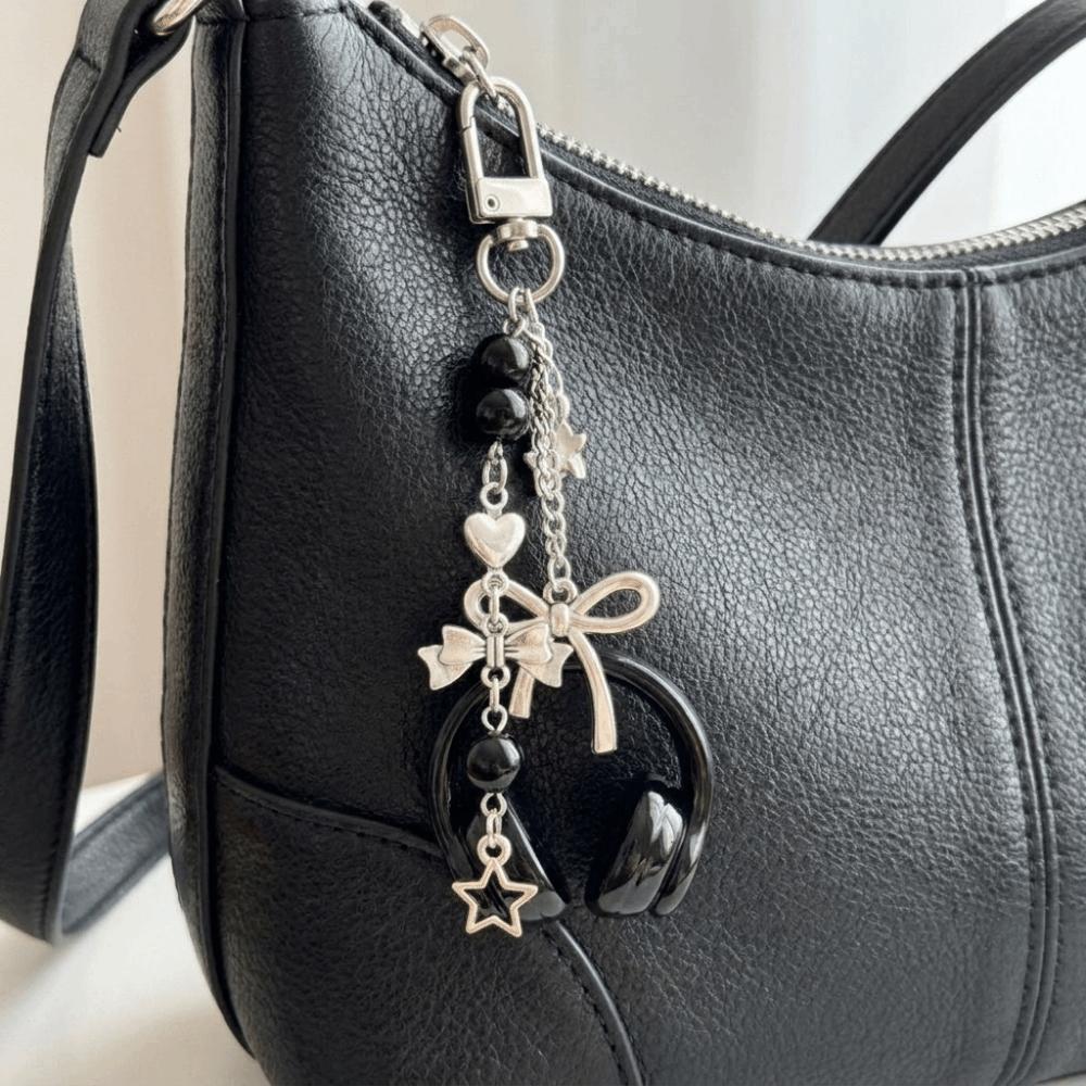 Zinc Zinc Alloy Bag Charms Black Silver Bow Star Phone Lanyards Fashionable 3D Earphone Shape Keychain Bag