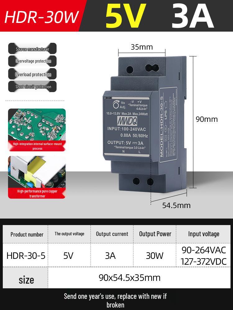 HDR-30 DIN Rail 24V Switched-mode Power Supply, DR-60-12 DC Transformer 220V to 5V, 30/100/15W.
