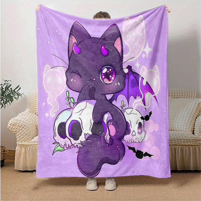 1pc Kitten & Skeleton Blanket Soft, Warm Cozy Bedding Decor, Living Room, Travel, Camping, Car Blankets