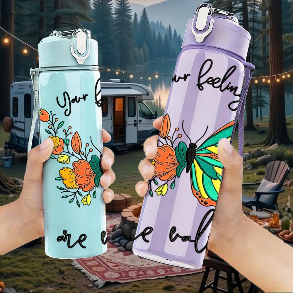 1PC Teal Butterfly Floral Quote 750ml Color Plastic Sports Water Bottle Leakproof Flip Straw Lid Suitable for Sports Office Home Use