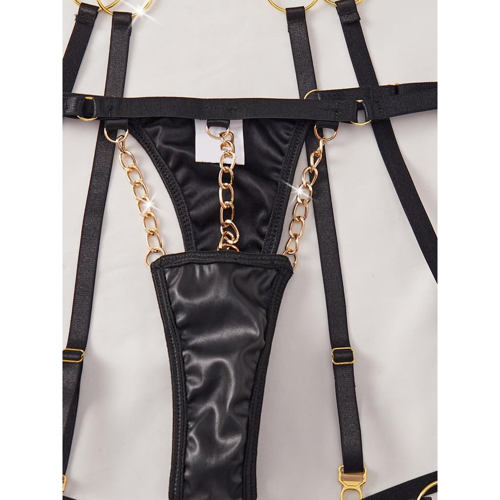 Metal Chain Bra & Panty Set with BDSM Harness, PU Leather Fetish Clubwear Bondage Lingerie Set, PU Leather Harness
