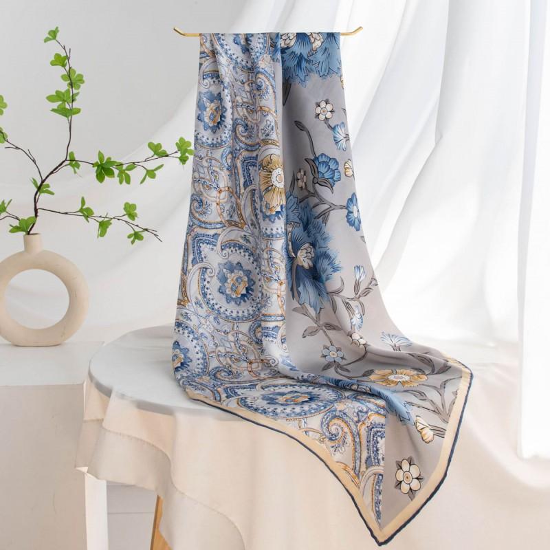 Fashion Mulberry Silk Square Scarf Women Floral Print Versatile Commute Office Daily Wear