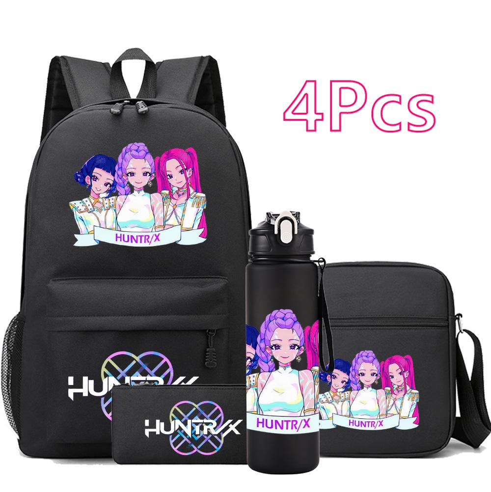 4 шт./компл. Аниме Мультфильм K-Pop Принт Рюкзак с бутылкой для воды 750 мл для Подростка Студента Девочки Мальчика Книжная сумка Детский Подарок Большая Вместимость Дорожная Сумка