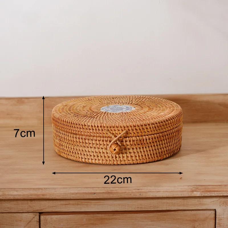 Handwoven Rattan Storage Box with Lid Tea Food Container Kongfu Tea Set Bread Fruit Basket with Lid Puer Tea Bag Organizer