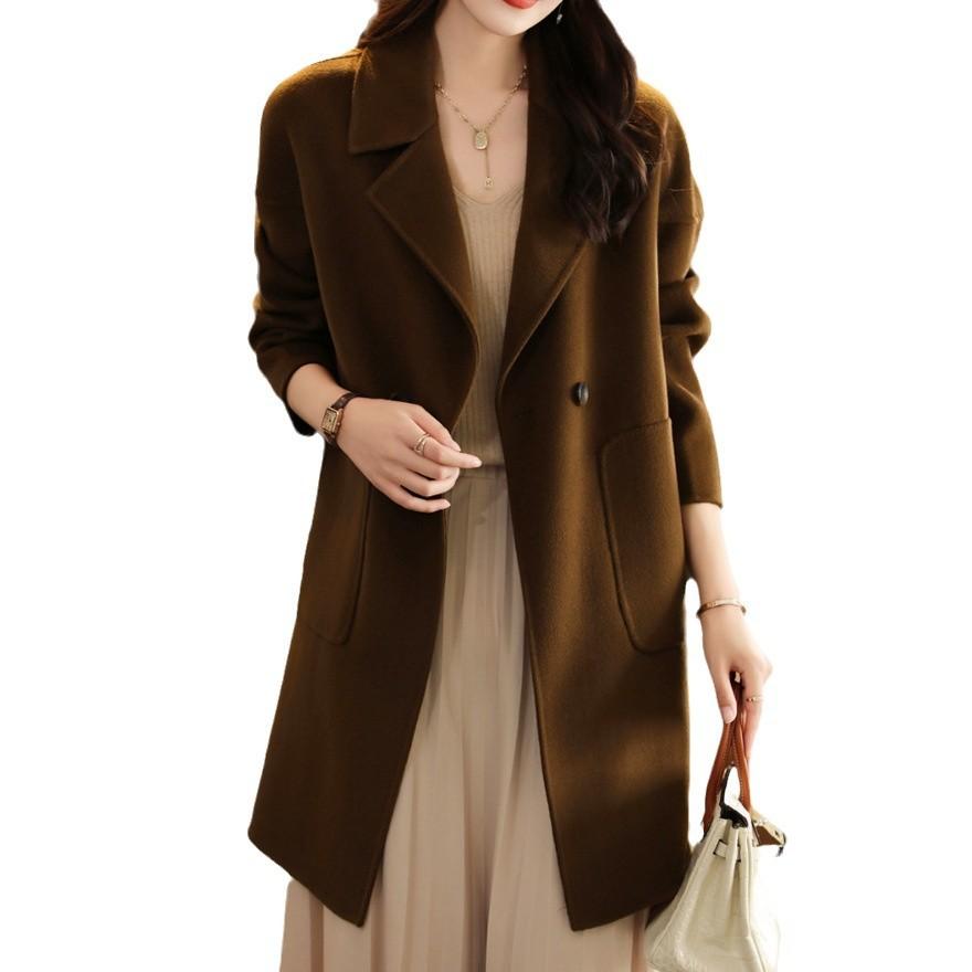 Двустороннее шерстяное пальто женское средней длины новое осенне-зимнее высококачественное свободное шерстяное пальто