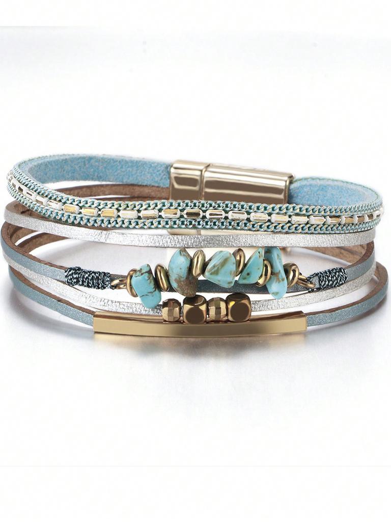 One Piece European and American Style Natural Stone Beaded Brass Tube Design Cowhide Rope Women Green Bracelet Summer Beach