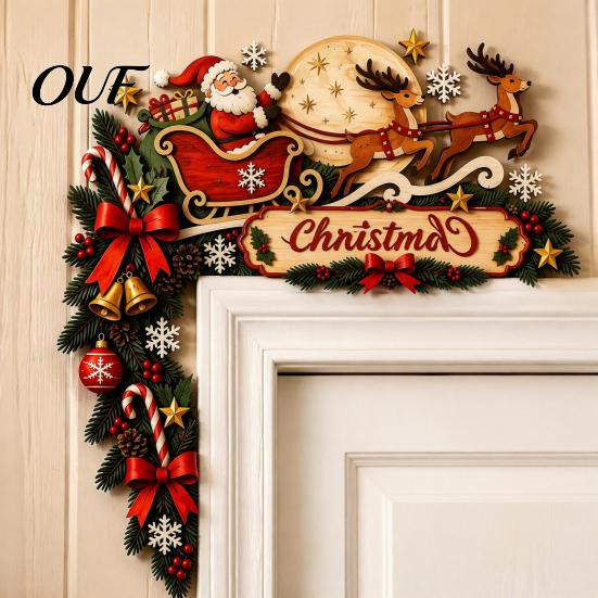 Rustic Holiday Home Accents Christmas Door Topper, Funny Santa Claus Reindeer Sleigh Frame Seasonal Decorative Corner Piece Sign, Wooden Decor