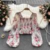 Floral Chiffon Shirt Women's Short Top Sexy Exposed Collarbone Square Neck Bubble Balloon Sleeves Shirts Women