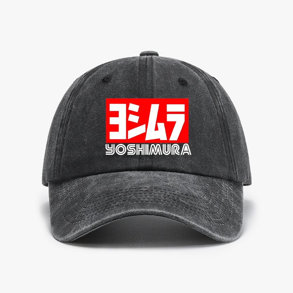 Кепка для мотоспорта Yoshimura Регулируемая Потертая Стиранная Бейсболка с Крупным Красно-Белым Логотипом Идеально для Спортивных Фанатов