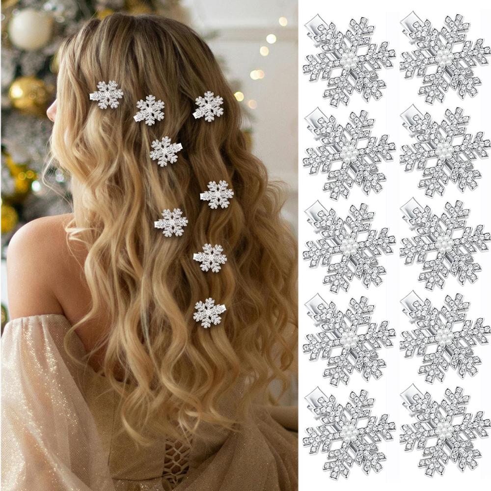 10 Pcs Christmas Snowflake Hair Clips for Women Girls Small Silver Pearl Metal Alligator Clips