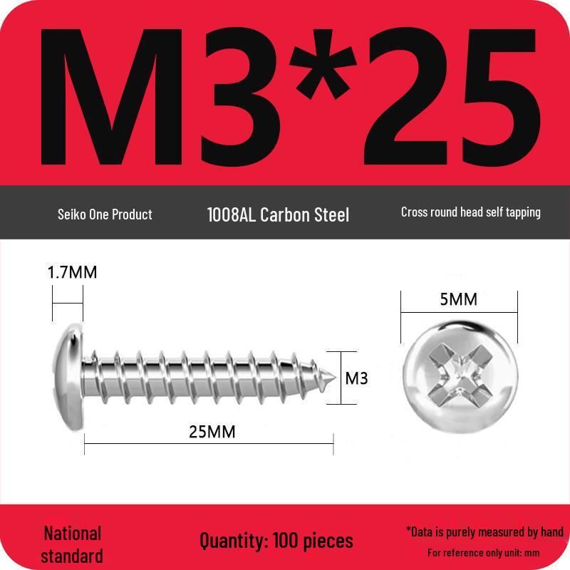 Galvanized Self-Tapping Screws, Round Head, White Zinc, PA Cross Pan, Pointed Tail M1.2-M4
