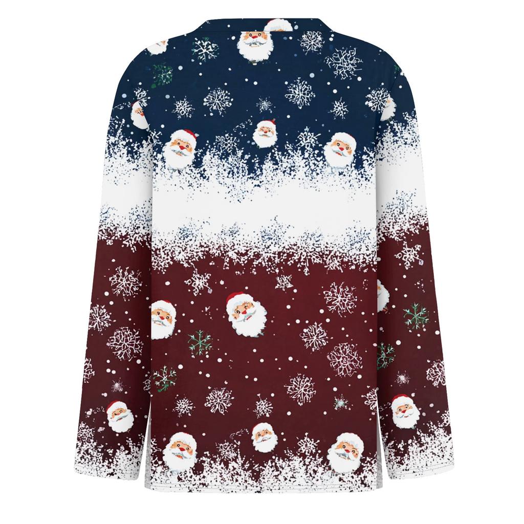 Женская модная повседневная футболка с разрезом по низу, круглым вырезом, длинными рукавами, свободного кроя, с рождественским принтом, женский топ