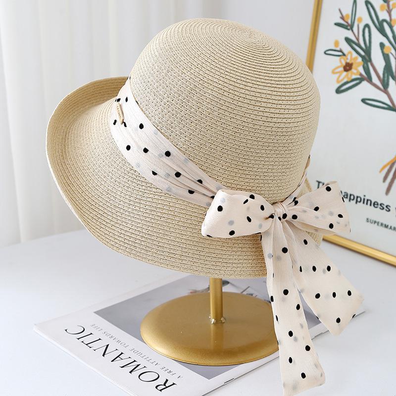 Lace streamer bow decoration big eaves straw hat women's seaside vacation travel sunscreen big eaves bucket hat