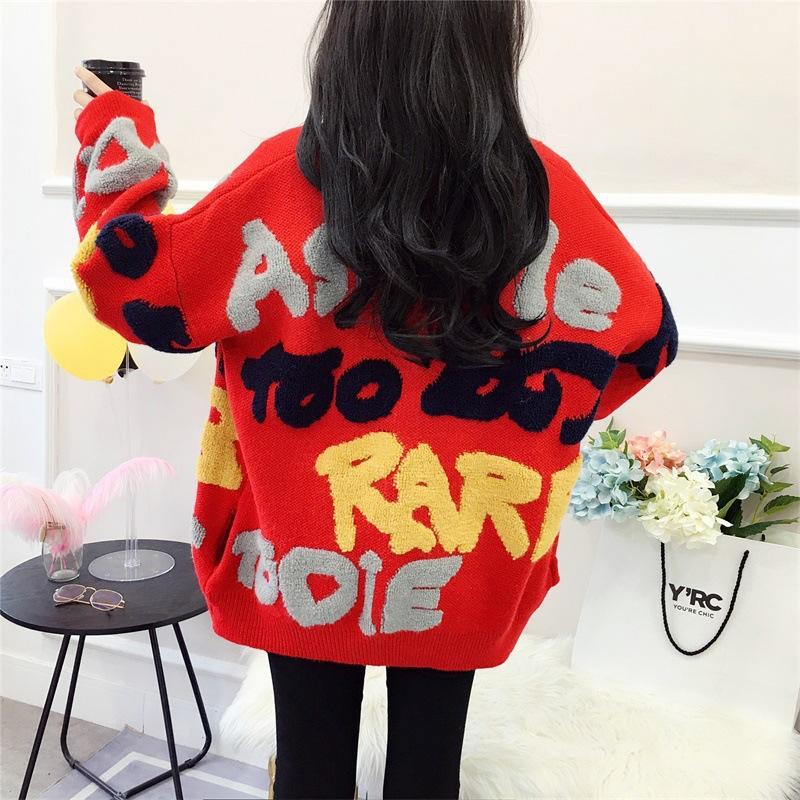 Autumn and Winter Women's Sweater Jacket Plus Size Lazy Wind Letters V-neck Medium-length Jacquard Knitted Cardigan