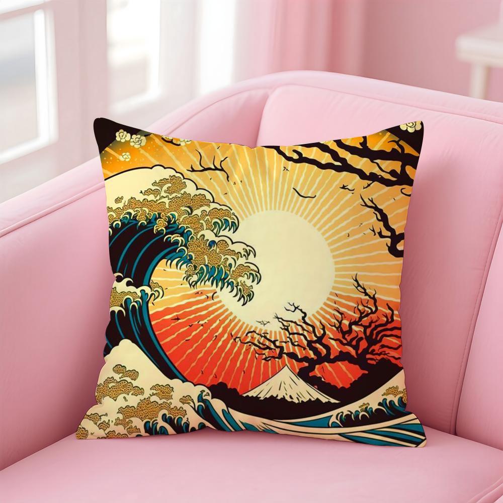 Japanese Waves Cushion Cover Linen Pillowcase Cover Soft Decor for Sofa Home Room