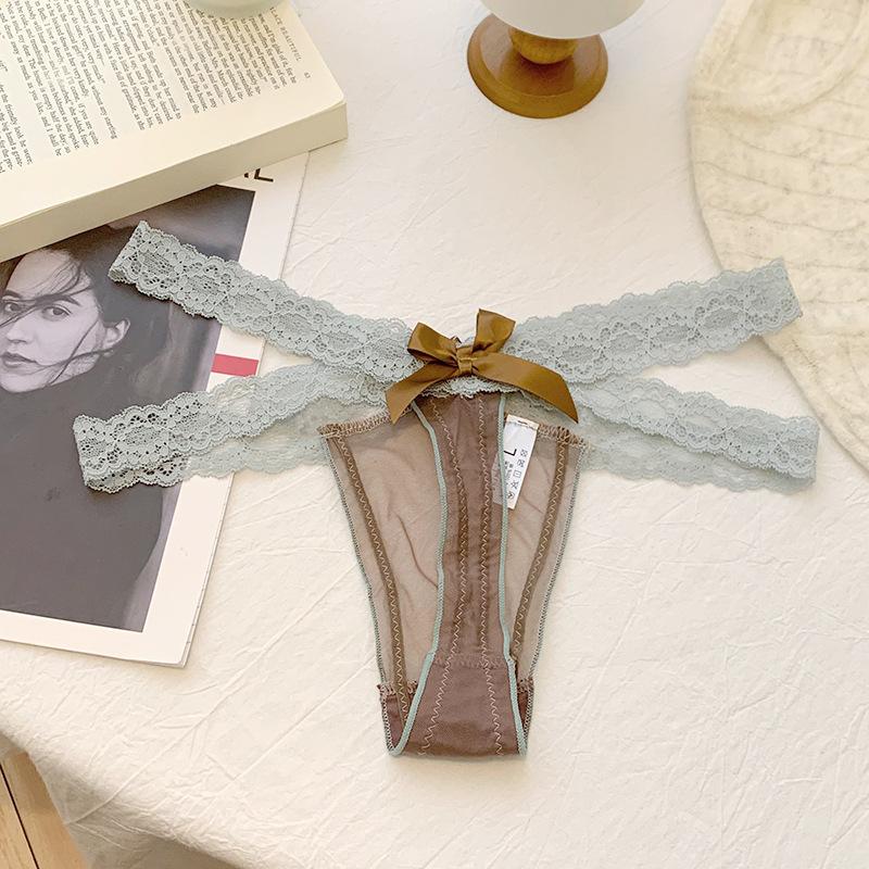 Sexy Color Blocked Lace Low Waist Panties Half Hip Thong Seductive Mesh See Through Women's Panties