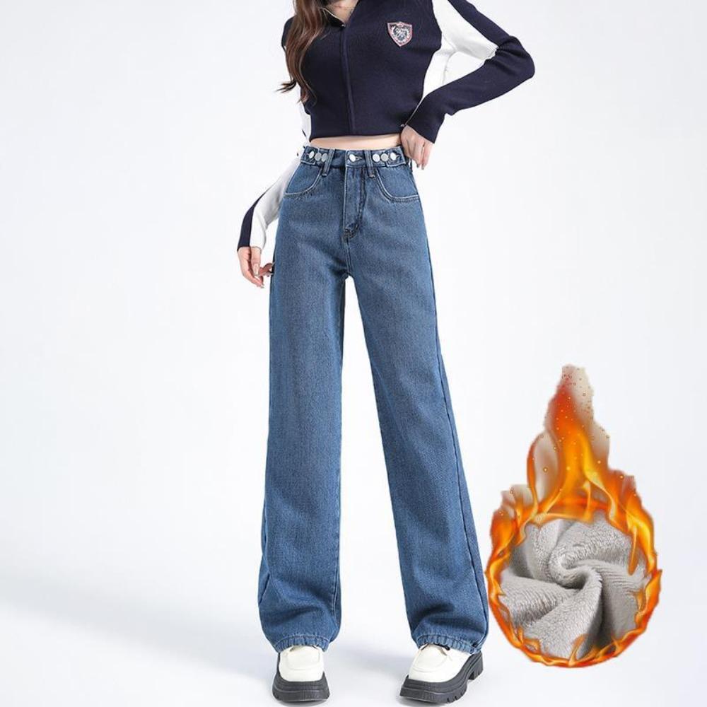 Spring and Autumn New Casual Adjustable Wide Leg Jeans Women's High Waist Fleece Thickened Straight Floor Mopping Jeans