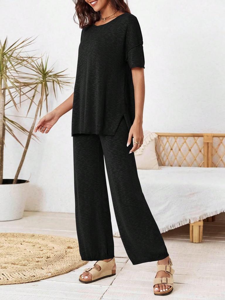 Women's Two Piece Travel Lounge Set Short Sleeve Knit Pullover and Wide Leg Pants Tracksuit