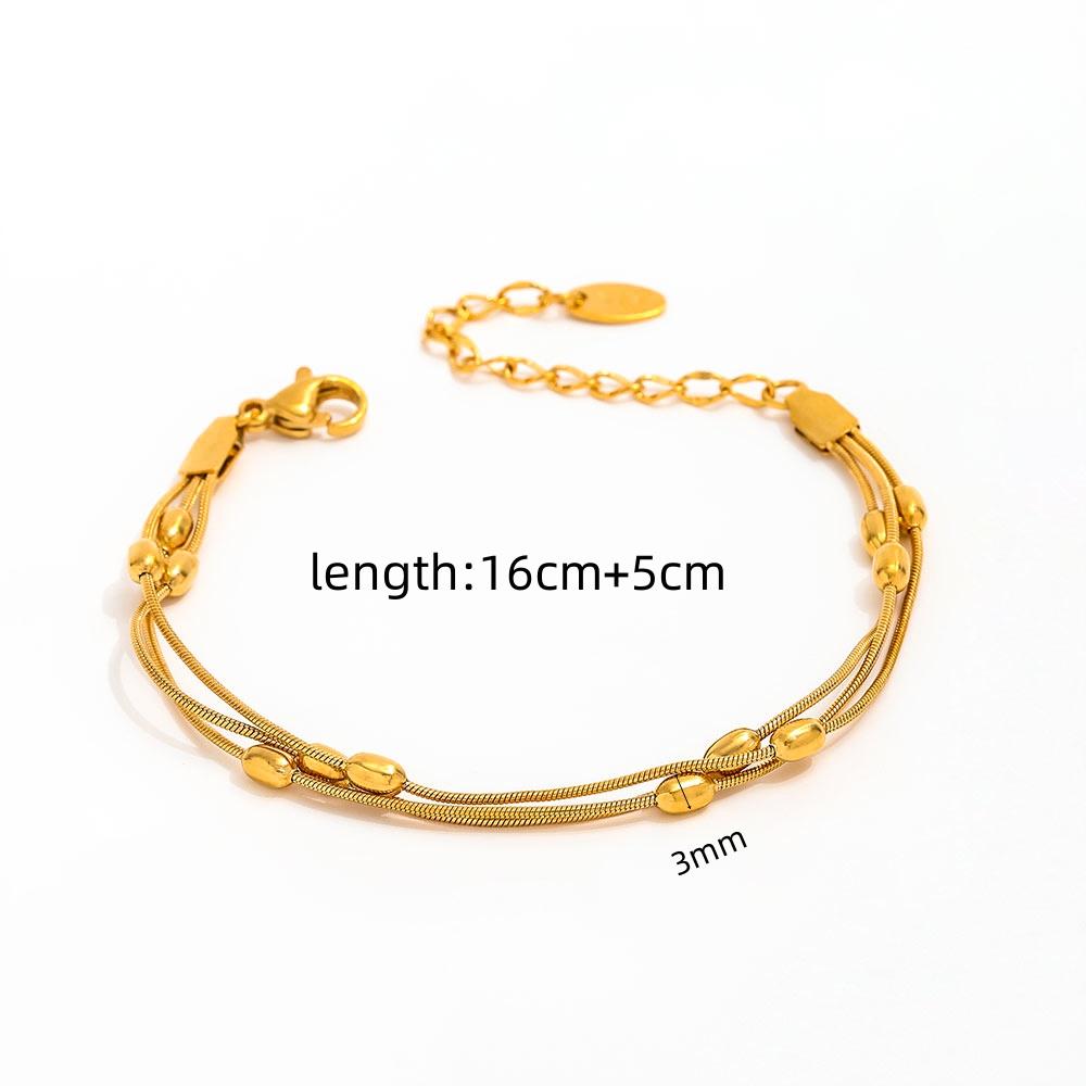 High End 18k Gold Plated Stainless Three Layer Snake Chain Oval Bead Bracelet for Women Fashion Jewelry
