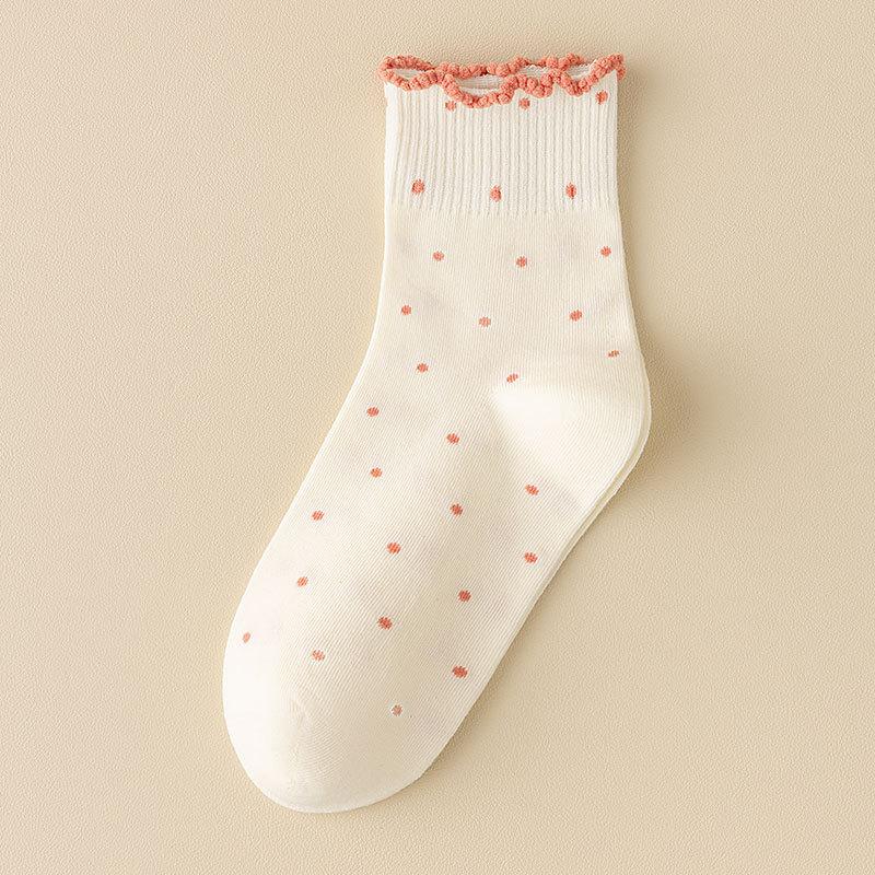 Черные носки с кружевом из древесного гриба для женщин, стиль весна и осень, махровые носки, хлопковые носки, летние носки в горошек с отворотом, бесшовные носки до середины икры