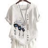 Womens Linen Cotton Casual Tee with 6 Colorful Floral Print Patterns, Round Neck, Short Sleeves S-5XL