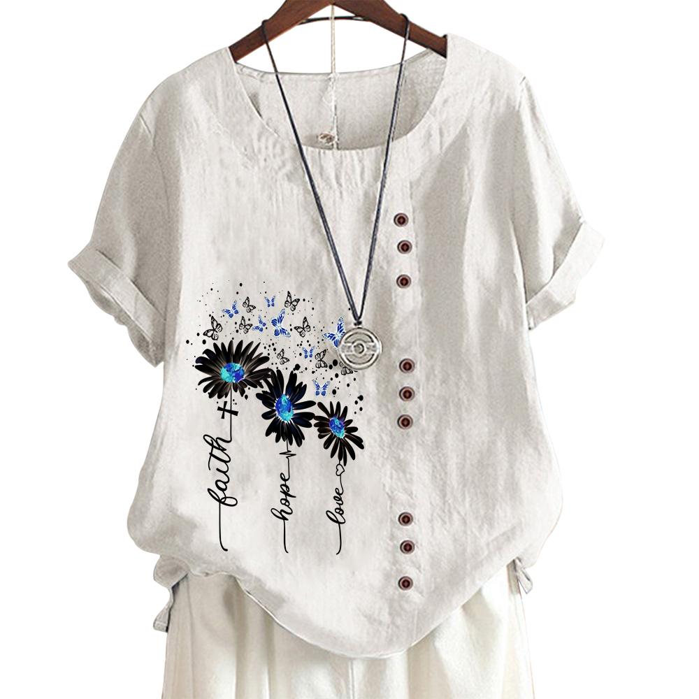 Женская повседневная футболка из льна и хлопка с 6 яркими цветочными узорами, круглым вырезом, короткими рукавами, S-5XL