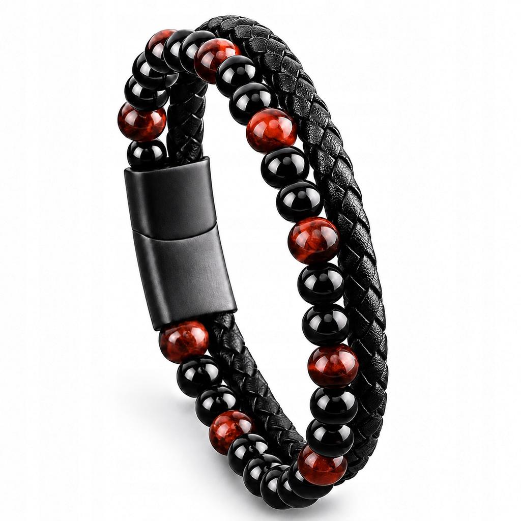 Men' Black Braided Magnetic Leather Bracelet for a Gift, Titanium