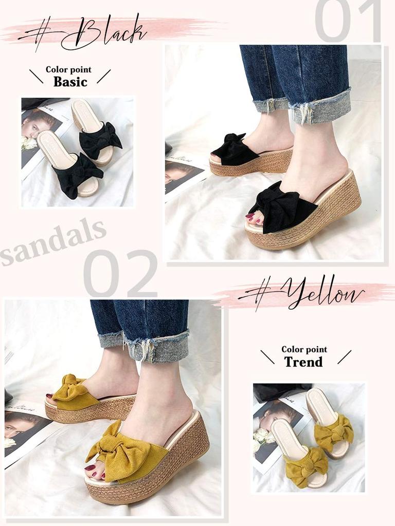 JOSEPHA LORRAINE Platform Wedge Beach Cute Indoor Ribbon Plus Rubber High Platform Easy To Walk Low Genuine Size L Women's Sandals, Heels, Mules,