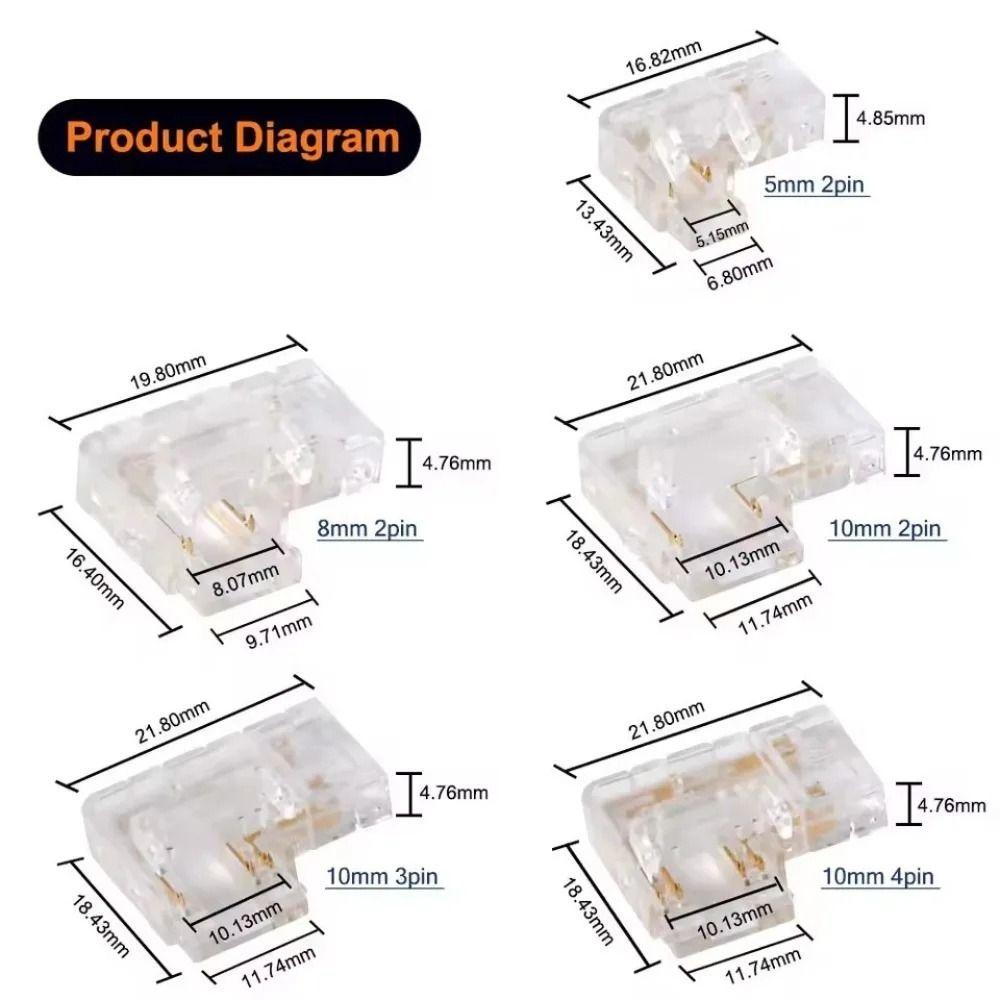 5Pcs/Set Mini Buckle COB Connector 2/3/4Pin Transparent L-Shaped Corner Solderless LED Strip Connector