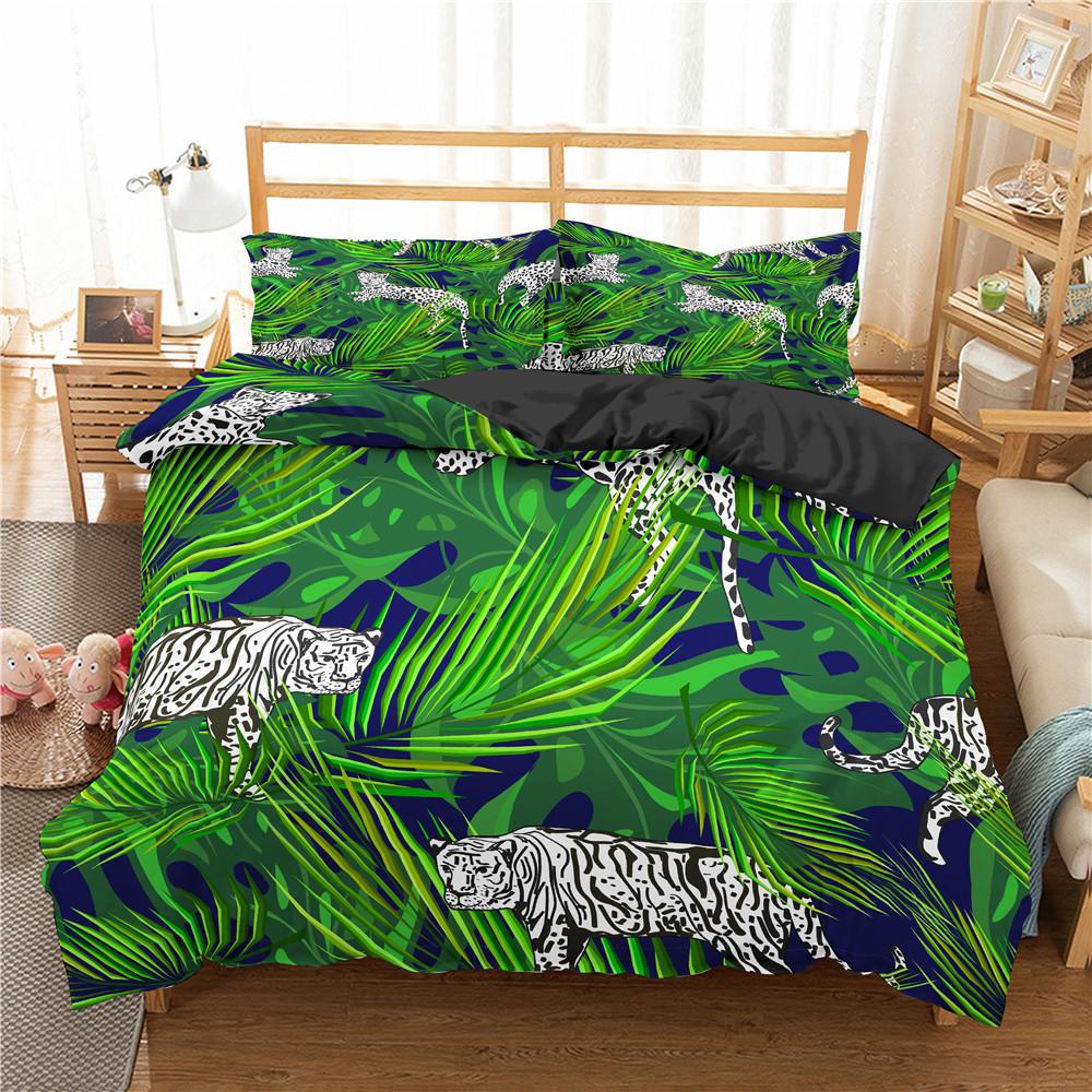 Пододеяльник с изображением животных джунглей King Queen Tropical Plants Palm Leaves Комплект постельного белья для детей Tiger Wildlife 2/3 шт. полиэстеровый пододеяльник
