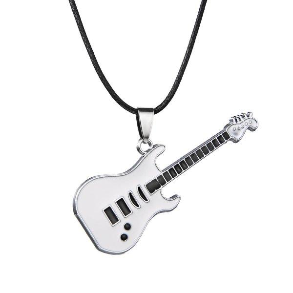 Fashion 316L Stainless Steel Guitar Pendant Necklace for Women Men Simple Black Leather Chain Necklaces Unisex Jewelry