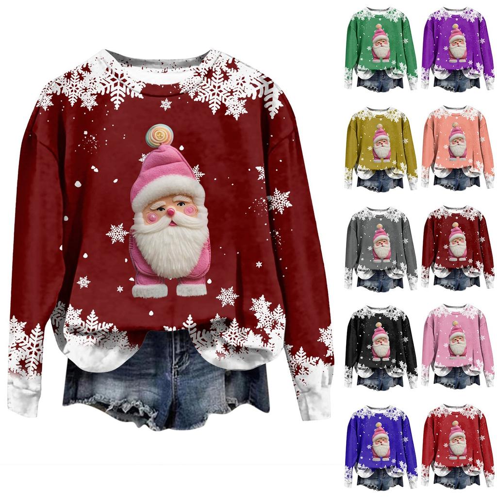 Women's Fashion Christmas Printed Long Sleeve Loose Round Neck Sweatshirt Top