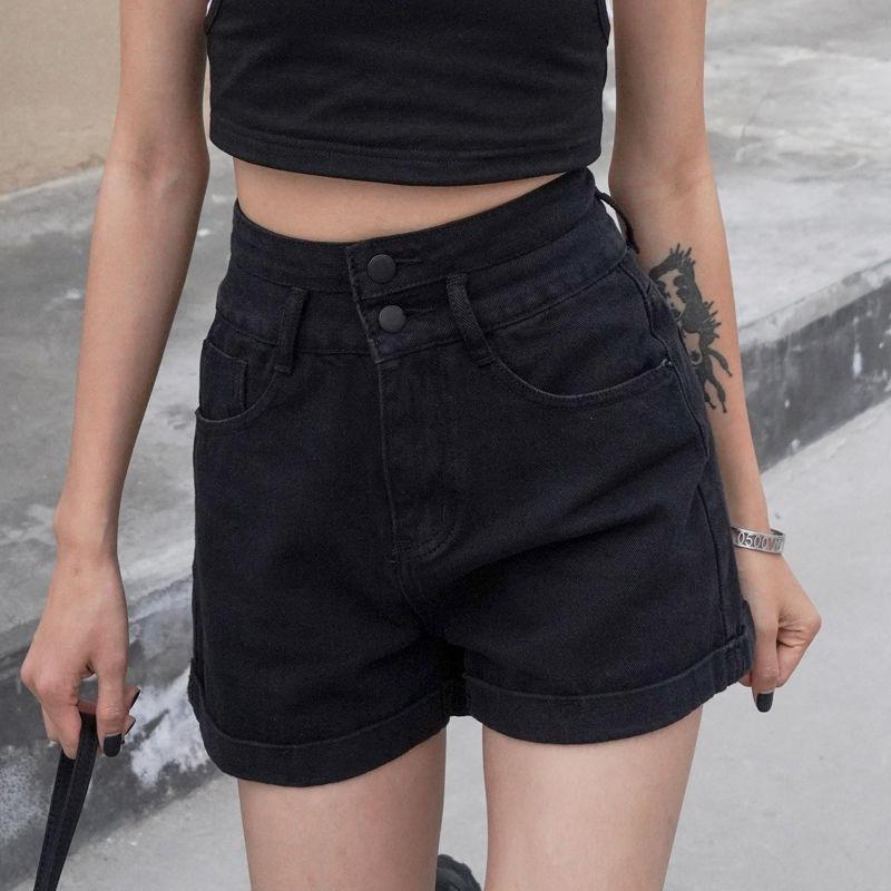 Классическая и минималистская мода, универсальные, ультра-высокая талия, две пуговицы, женские, подвернутые края, летние, черные, тонкие, джинсовые шорты, индивидуальность, трендовость
