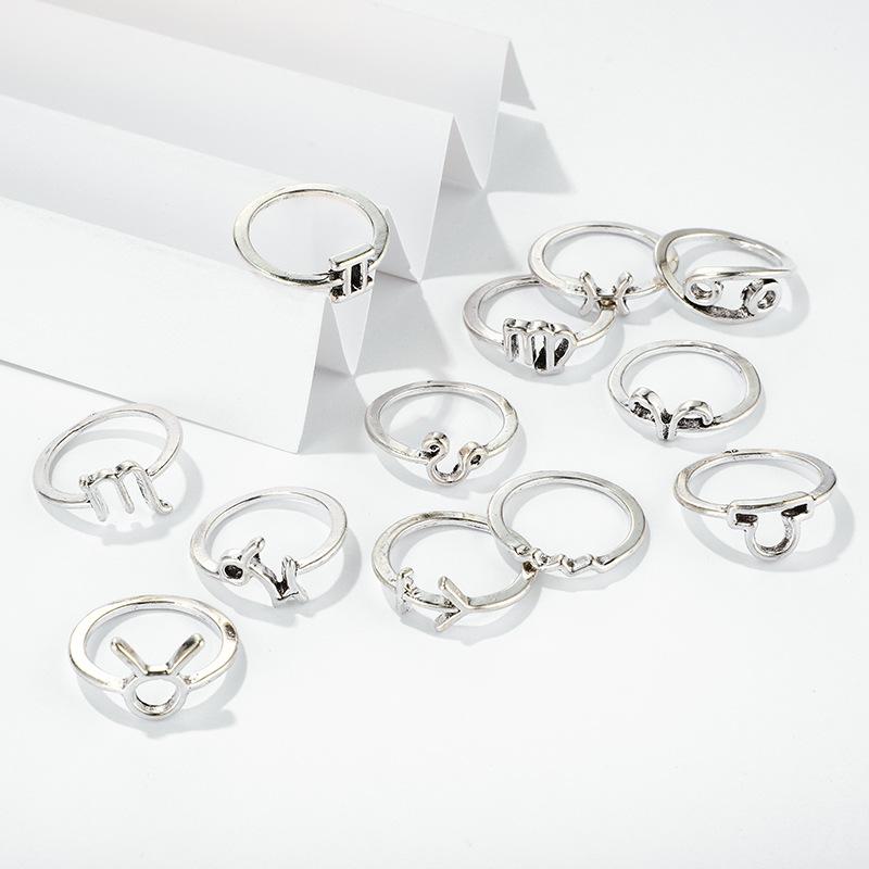 12pcs / lot Bohemian Vintage Silver Twelve Constellation Joint Ring Set Women Wedding Birthday Banquet Jewelry Accessories