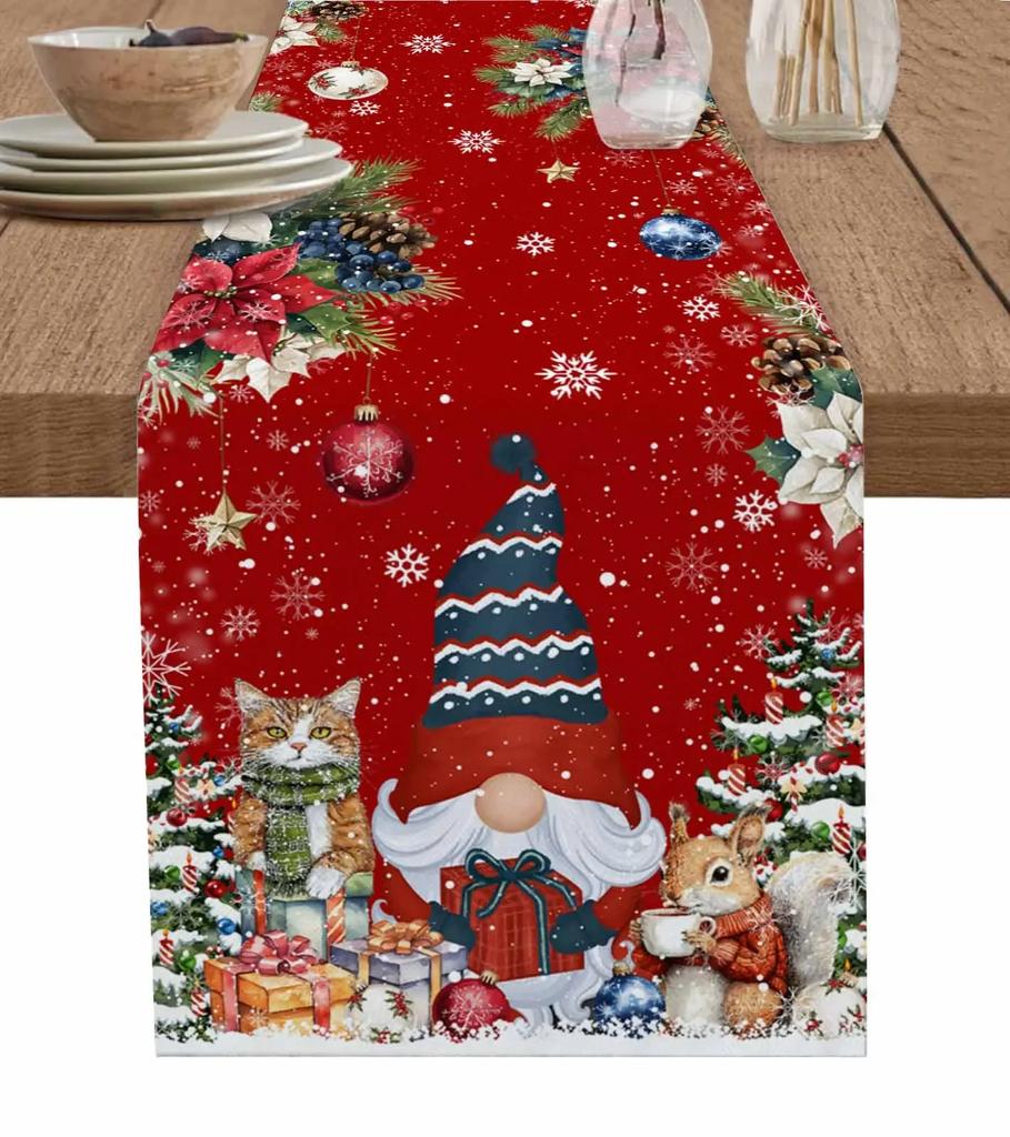 Christmas Silver Fir Leaves Snowflakes Wood Grain Linen Table Runners Kitchen Decoration Table Runner Festival Party Supplies