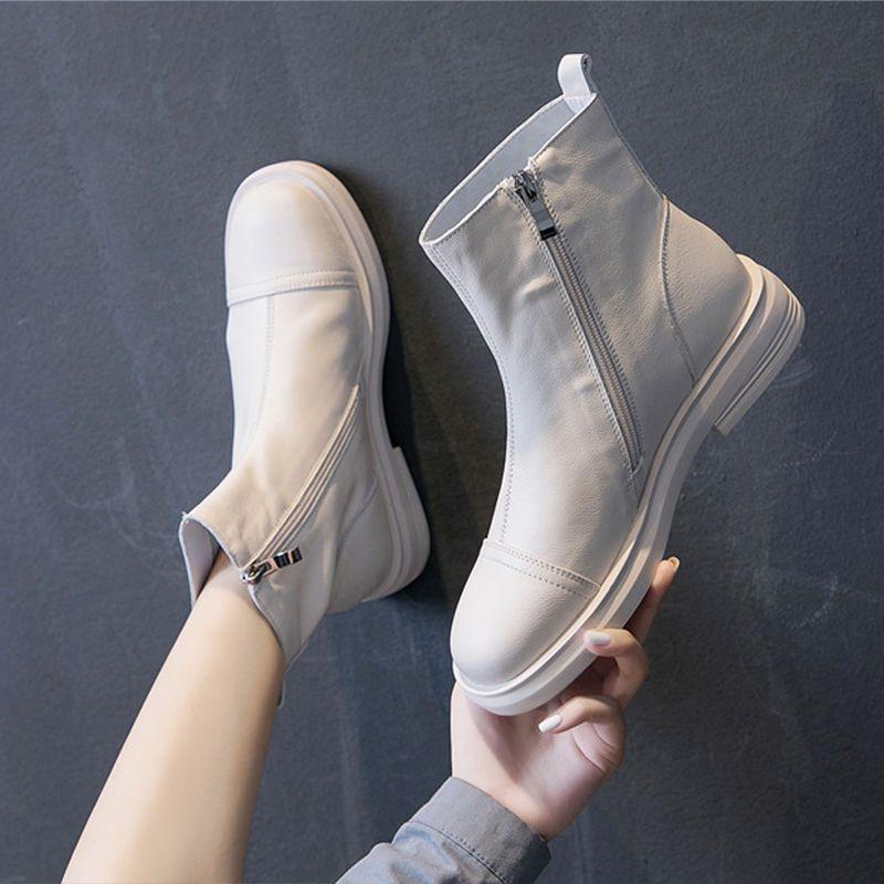 Low-top Leather Martin Boots Women's Autumn and Winter New Single Boots Casual Versatile Flat-bottomed Velvet Short Boots