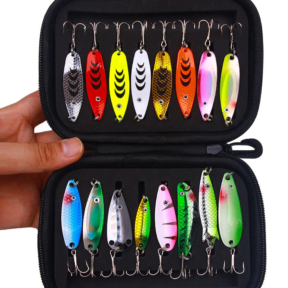 16PCS Rotate Spinnerbait Metal Spoon Spinner Fishing Lure Hard Bait With Feather Treble Hooks with Bag Spinnerbait Tackle