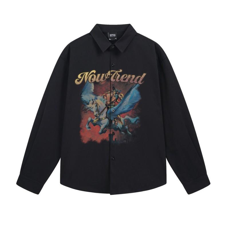 Mens Loose Long Sleeve Shirt Cartoon Pegasus Print Streetwear Casual Button Down Fall