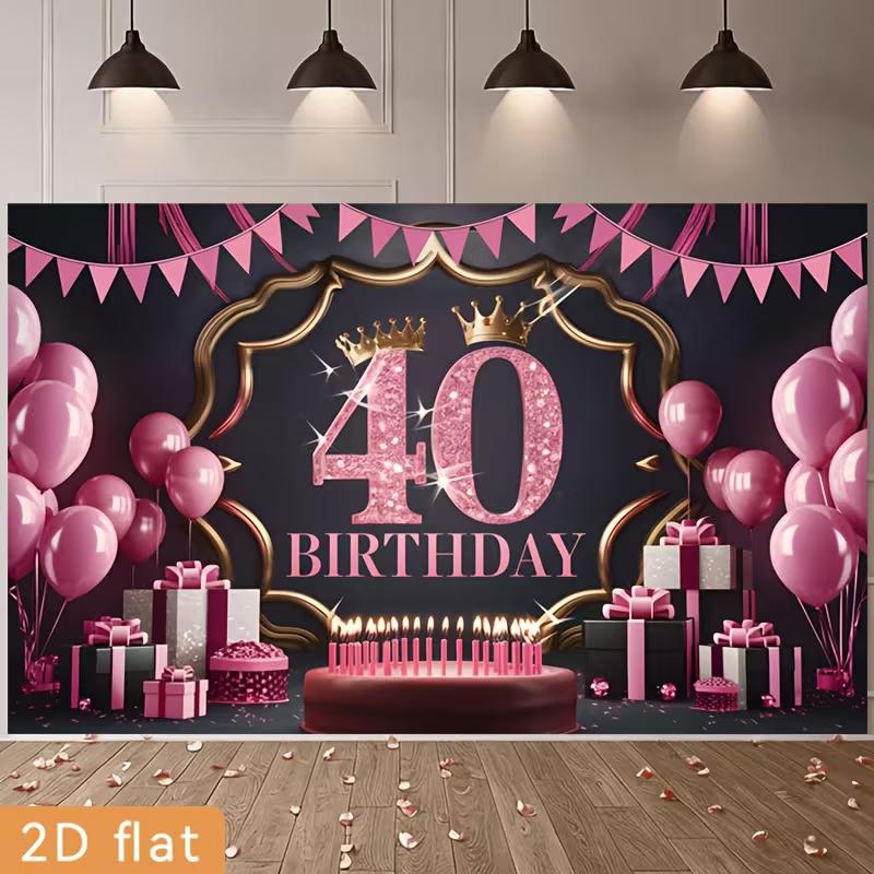 Двумерный фон для фотосъемки 40-го дня рождения Розово-черный фон с короной, шарами и тортом