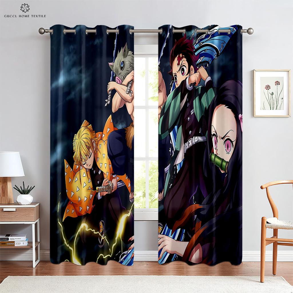 Hot-Blooded Anime Cartoon Printed Curtains, 100% Polyester, Rod Pocket Curtains, Kitchen, Living Room, Children's Room, 2 Pcs