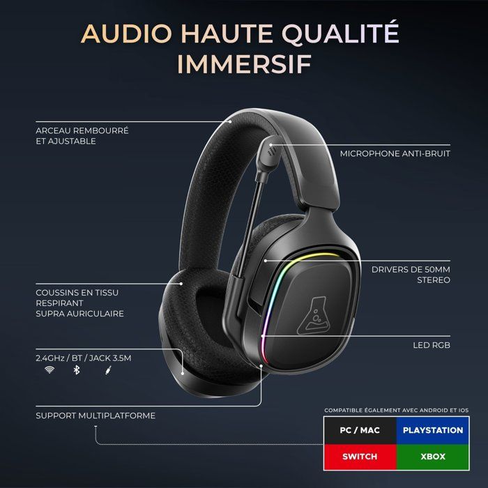 Casque gaming sans fil RGB - THE G-LAB - KORP RUBIDIUM - Tissu - Micro Rétractable - Stéréo - Toutes Plateformes