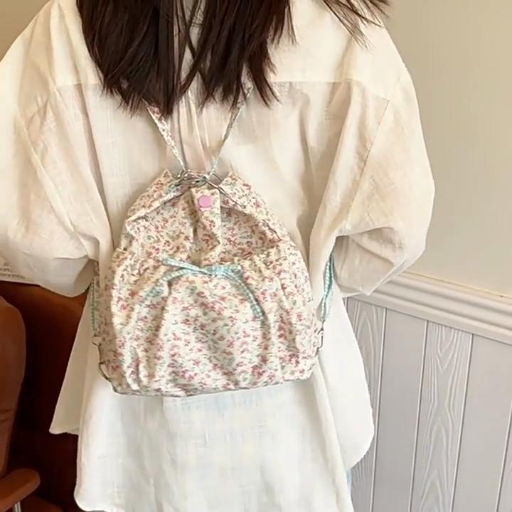 Women's Floral Print Crossbody Shoulder Bag Fashion Washable Fabric Pink Flowers Small Backpack for Casual & Special Occasions CLE