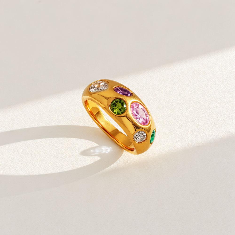DIEYURO 316L Stainless Steel Colored Round Zircon Inlay Golden Classic Wide Opening Ring For Women Fashion Jewelry Ring Gift