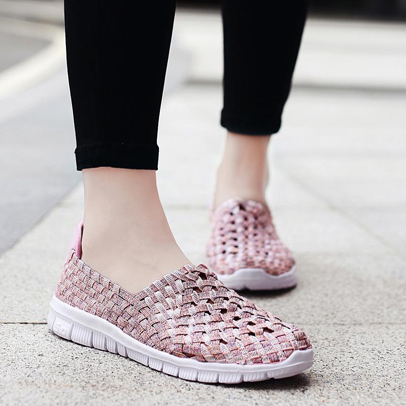 Women Sneakers Summer Breathable Lightweight Slip On Women Flat Shoes Female Loafers Manual Woven Shallow Women Casual Shoes
