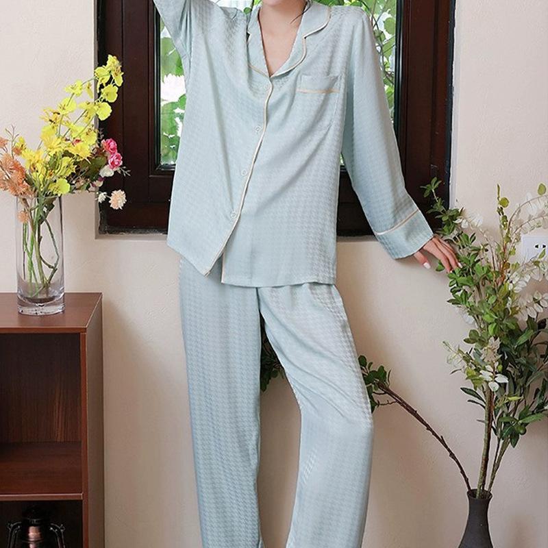 Pajamas Women Thousand Bird Grid Sweet Foreign Lapel Spring And Summer Long-Sleeved Loungewear Two-Piece Set