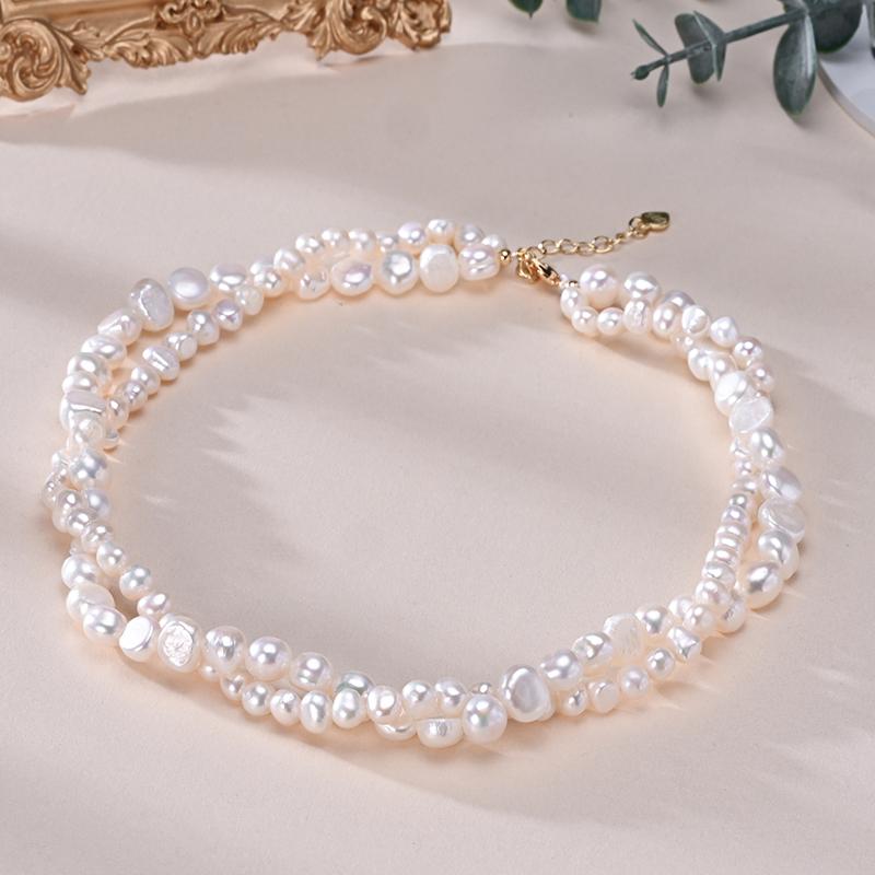 HENGSHENG Baroque Freshwater 5-6mm 8-9mm White Pearl Double Necklace 925 Sterling Silver Trendy Jewelry Gift for Women Girls