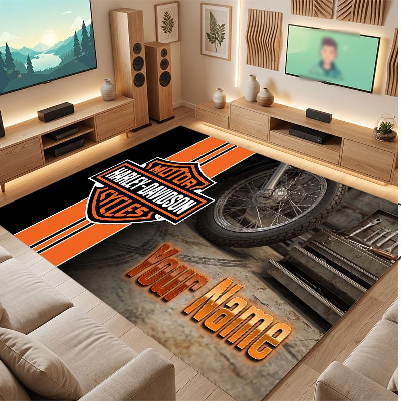 Harley-Davidson Personalized Crystal Velvet Carpet, Customized Name Text Soft Anti‑Slip Rug for Living Room Bedroom