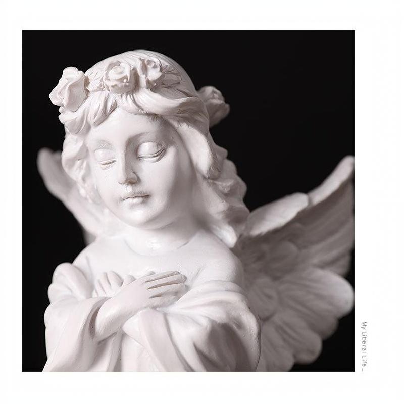 White Resin Praying Angel Figurine with Wings Floral Crown Elegant Desktop Shelf Ornament for Home Living Room Decor